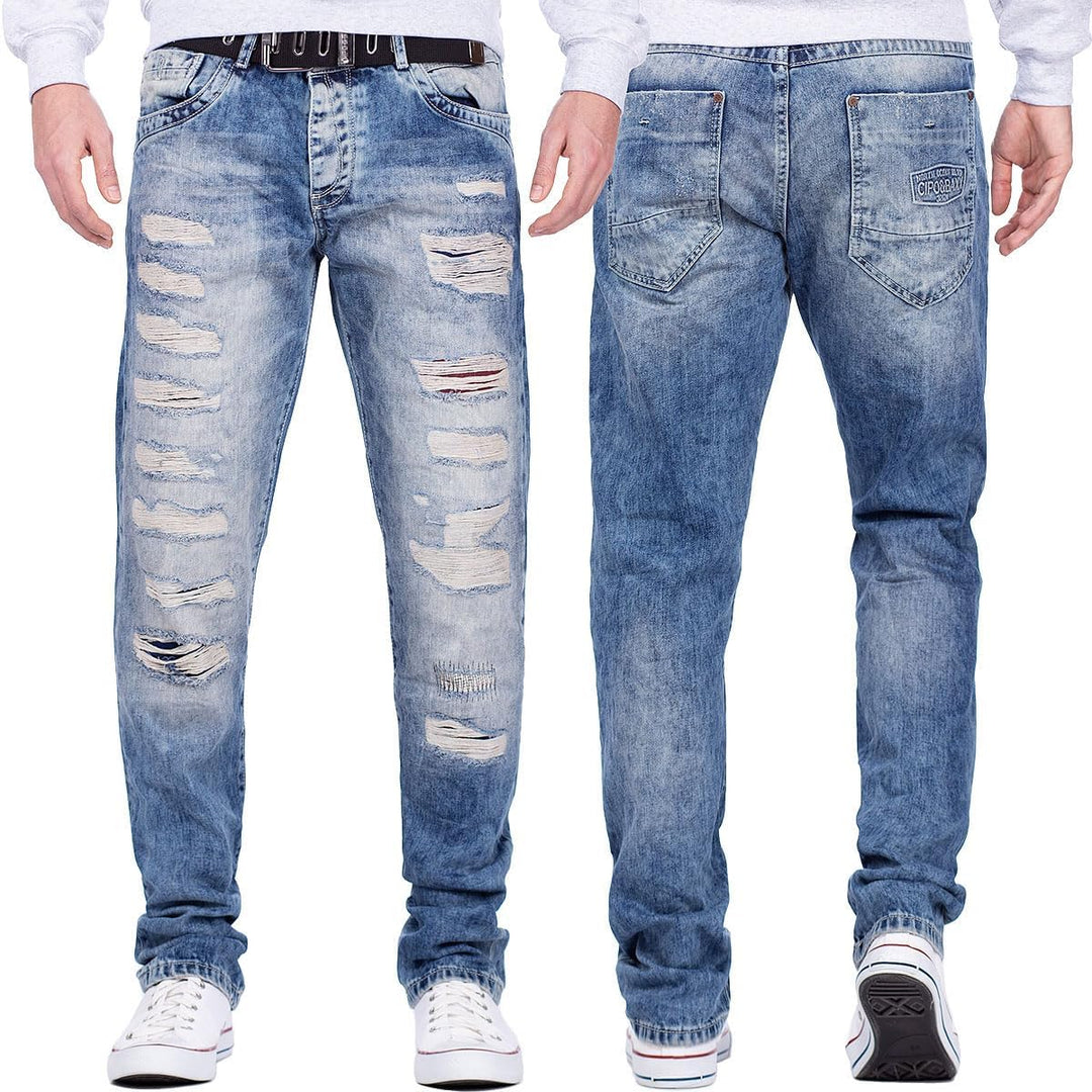 Cipo & Baxx Herren Jeans – Regular Fit Denim Hose für Männer, Destroyed und Used Look, Bikerstyle, C
