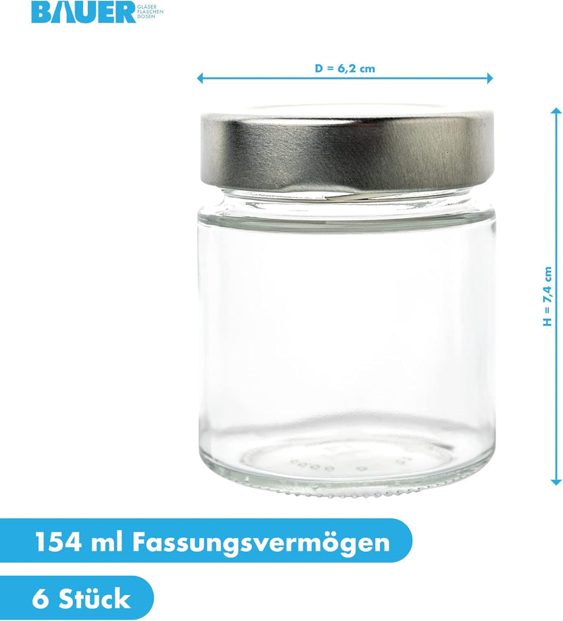 flaschenbauer.de - 6er Set Gewürzgläser Set 154ml - TO 58 Deep Mündung, Silberne Deckel - Ideal für
