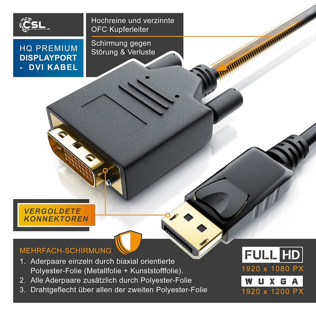 CSL - 1m Meter HQ Premium DisplayPort DP auf DVI Kabel - Zertifiziert HDCP und EDID - Full HD Ausflö