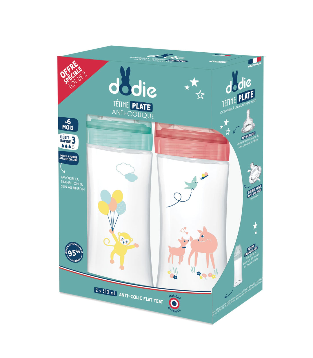 Dodie Set mit 2 Babyflaschen, Antikolik Sensation+ (2 x 330 ml), flacher Sauger, Fluss 3, BPA-frei,