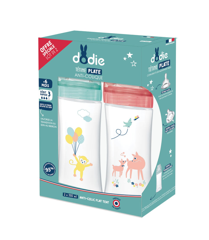 Dodie Set mit 2 Babyflaschen, Antikolik Sensation+ (2 x 330 ml), flacher Sauger, Fluss 3, BPA-frei,