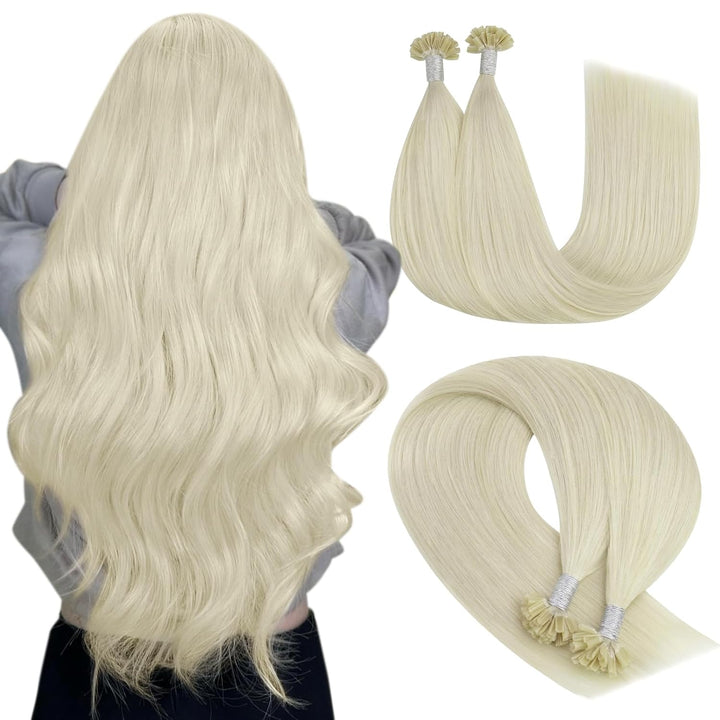 YoungSee Extensions Echthaar Bondings Blond 50 cm Bonding Extensions Echthaar Platinblond Haarverlan