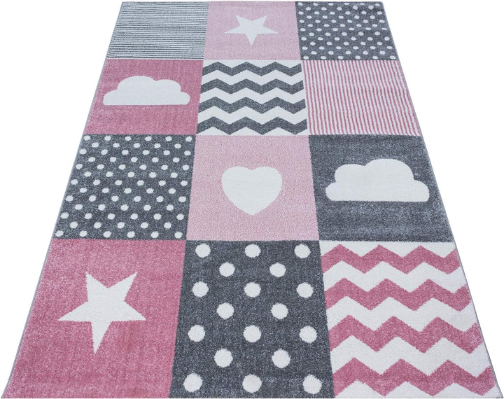 Kinderteppich Herz und Stern Design Spielteppich Weich & Soft Babyzimmer Spielzimmer Kinderzimmer Te