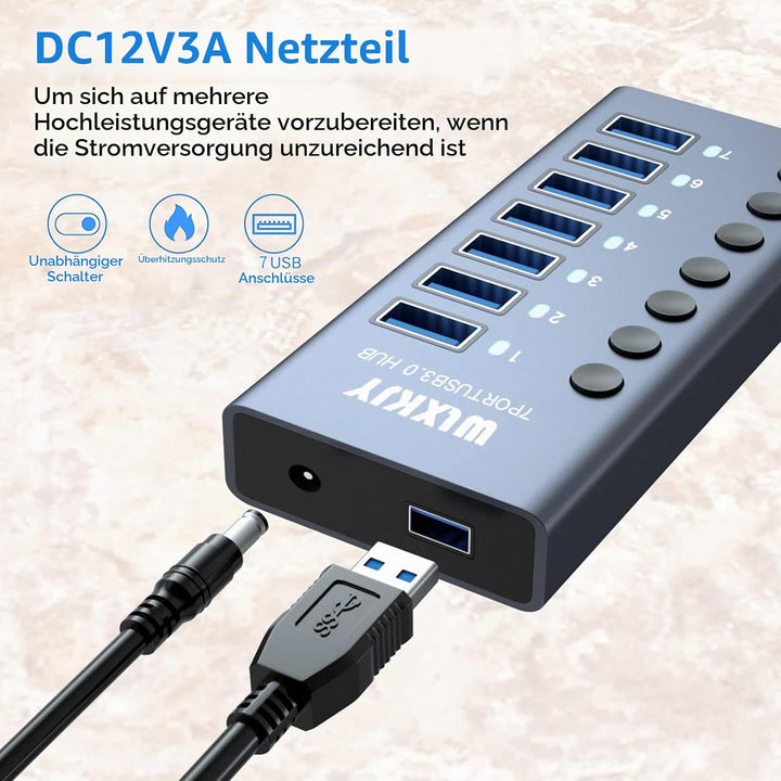 USB 3.0 Hub 7 Ports mit 36W Stromversorgung, 5Gbps Aluminium USB Verteiler Mehrfachstecker USB Verlä