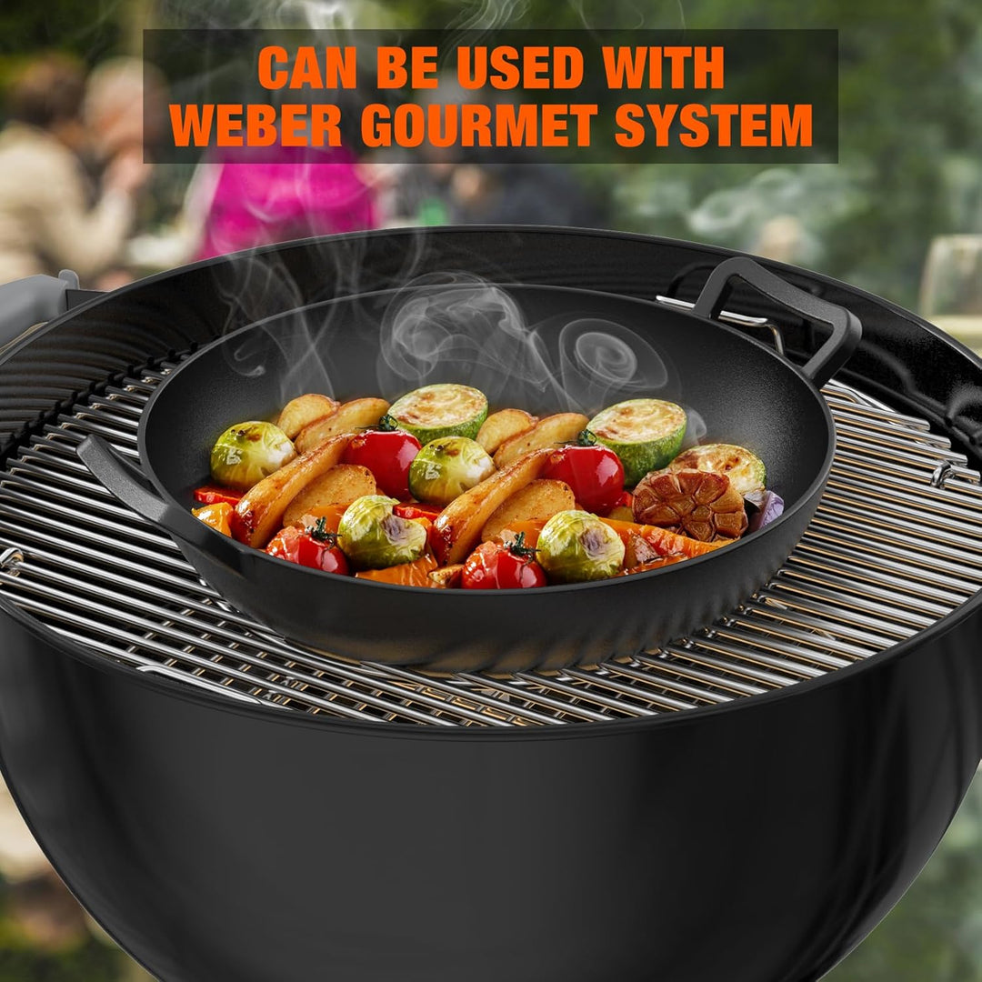 only fire Wok Gusseisen, Ø36cm Wokpfanne mit Griff, Gusseisenpfanne für Weber Gourmet BBQ System, Pa