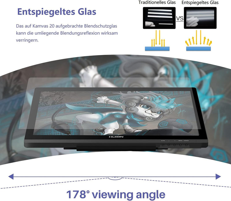 HUION Kamvas 20 Grafiktablett mit Display, Upgrade-Version Kamvas GT-191 V2 Grafikzeichnungsmonitors