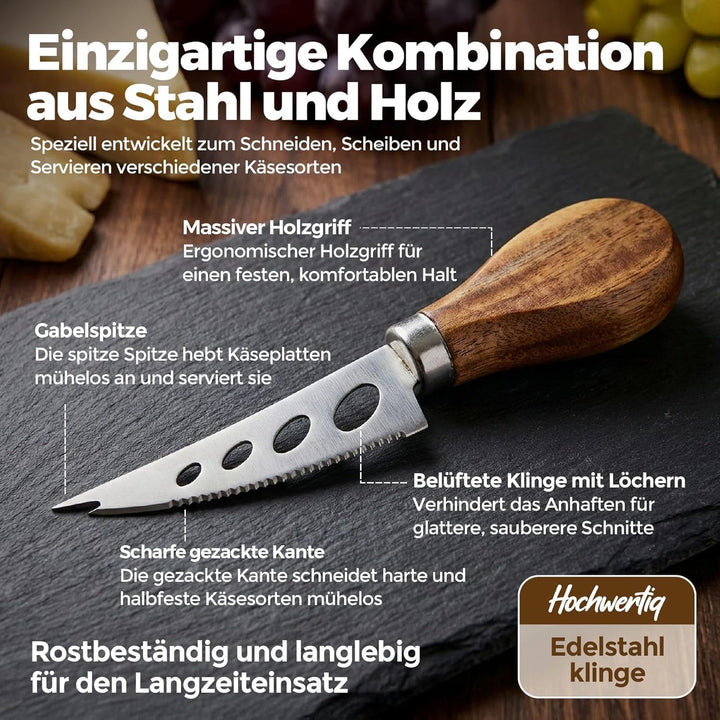 Servierbrett Set aus Holz mit Schieferplatte – Käseplatte & Antipasti Platte inkl. Käsemesser und 3
