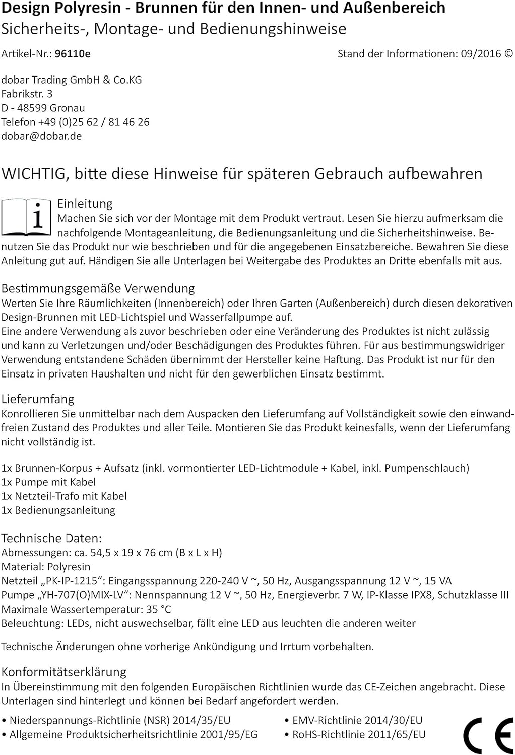 dobar® 96110e Design Gartenbrunnen Jupiter mit Pflanzoption| Terrassenbrunnen mit LED-Beleuchtung |