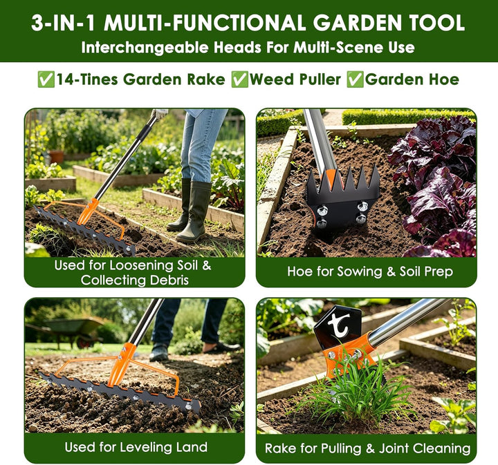 3-in-1 Unkrautstecher mit Langem Stiel 150cm, Gartenhacke, Gartenrechen | 6-zinkiger Gartenhacke, 14