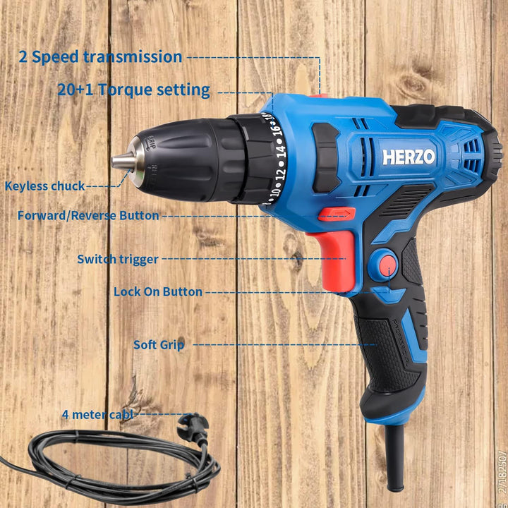 HERZO Elektro Bohrschrauber 300W,Speed 20 + 1 Drehmomentstufen with 4M Cable, great for everyday dri