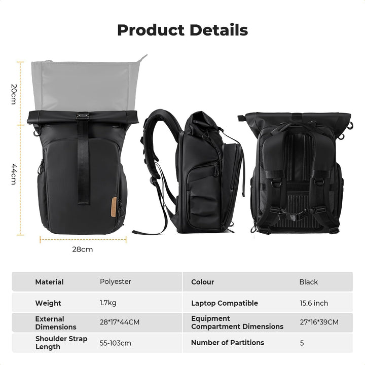 K&F CONCEPT Kamerarucksack Wasserabweisend, Fotorucksack Gross mit Erweiterbarem Volumen, Camera Bac