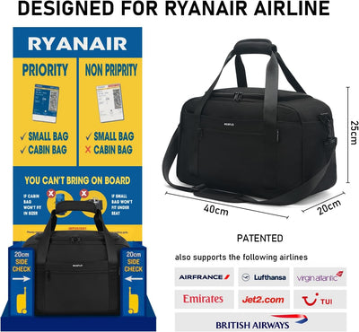 ECOHUB Handgepäck 40x20x25 für Ryanair Reisetasche Tasche für Flugzeug Unter Sitzplatz, Koffer PET-R