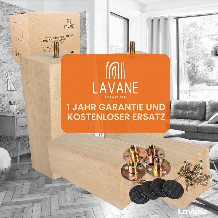 La Vane 4 Stück Möbelfüsse aus Massivholz - 12cm Höhe, Unlackiert, Pyramidenform mit M8 Gewindebolze