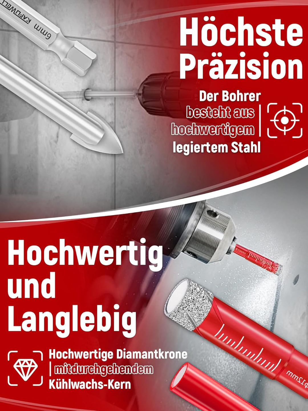 KAFUWELL Fliesenbohrer Diamantbohrer Profi-Set 10tlg, 5-12mm Glasbohrer & 6mm Karbid-Anbohrer für Ke