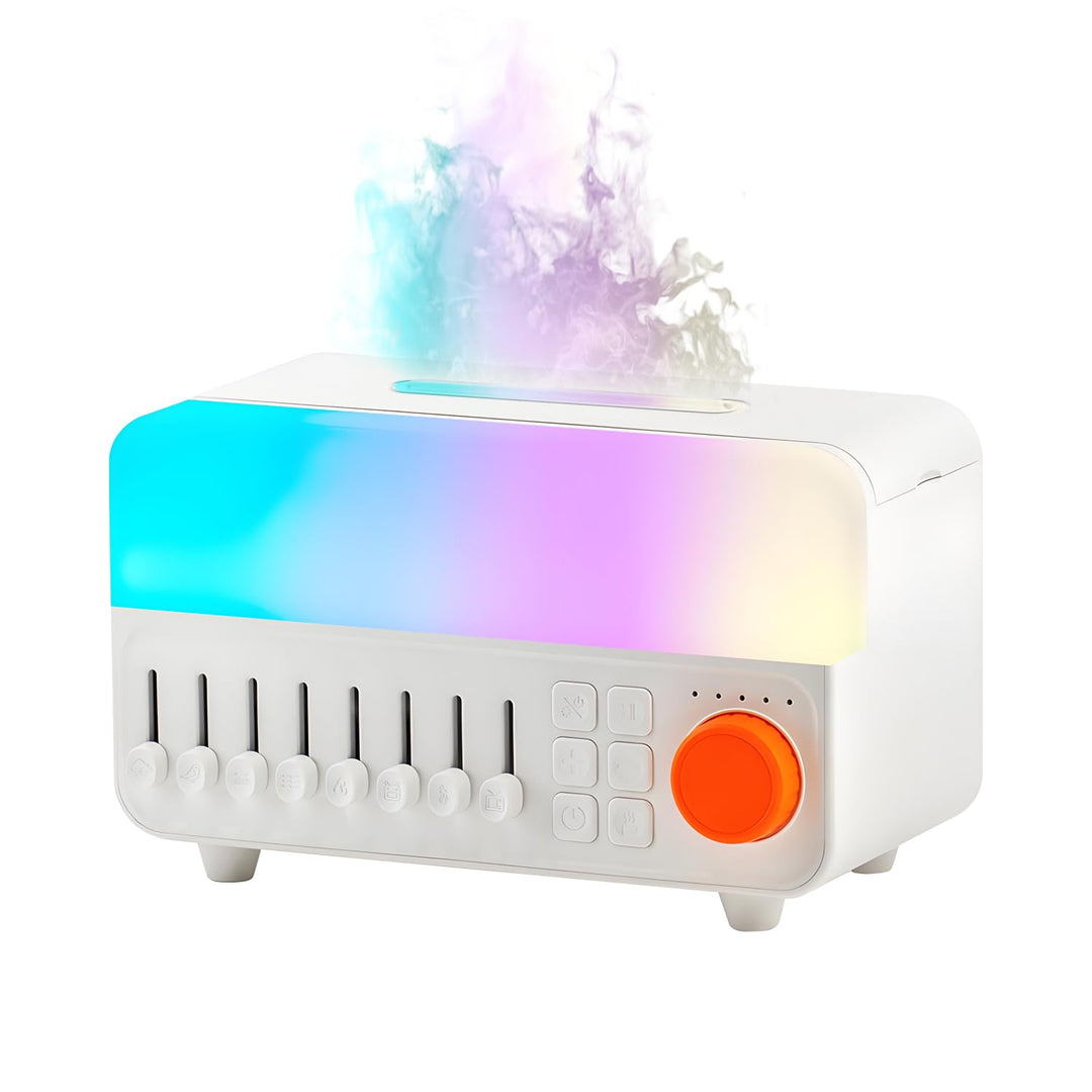 QUMOX Luftbefeuchter mit weissem Rauschen A14 mit Flammenlicht, Bluetooth-Lautsprecher und 150 ml Ta
