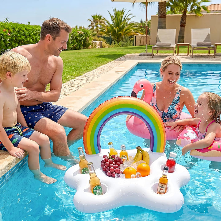 Morofme Regenbogen Getränkehalter Pool, 2in1 Snacks Poolbar Aufblasbar, 5 Löcher Aufblasbarer Geträn