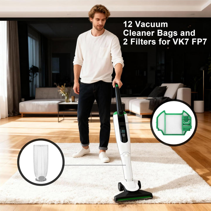 12 Stück Staubsaugerbeutel und 2 Filter für Kobold VK7 FP7,kompatibel mit Kobold VK7 FP7,Filtertüte