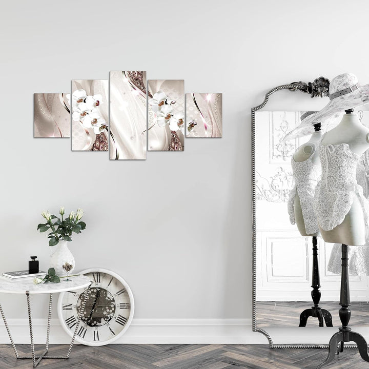 Runa Art Wandbilder Blumen Orchidee 5 Teilig Bild auf Vlies Leinwand Deko Wohnzimmer Abstrakt Perlen
