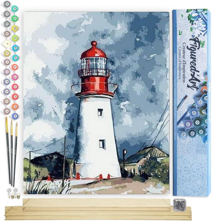 Figured'Art Malen Nach Zahlen Erwachsene Mit Rahmen Leuchtturm unter dunklem Himmel - Paint by Numbe
