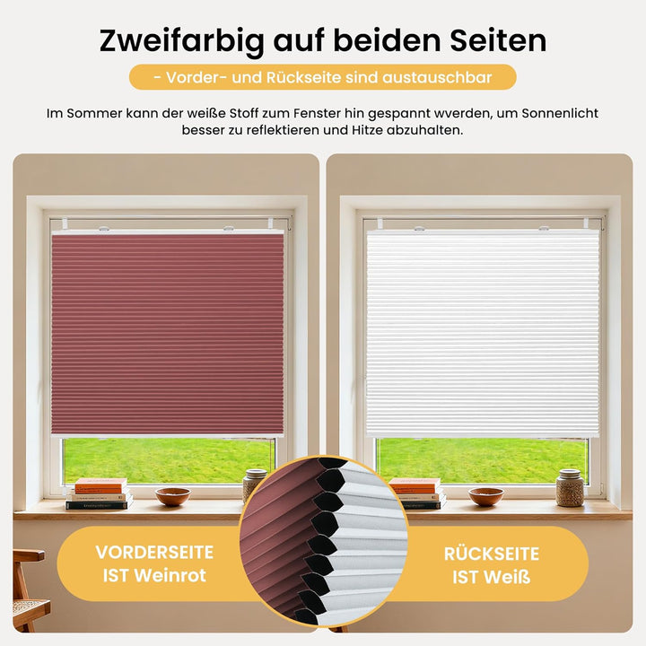 BelleMax Plissee Verdunklung Klemmfix Wabenplissee ohne Bohren Weinrot-Weiss 80x110cm(BxH), Thermo V