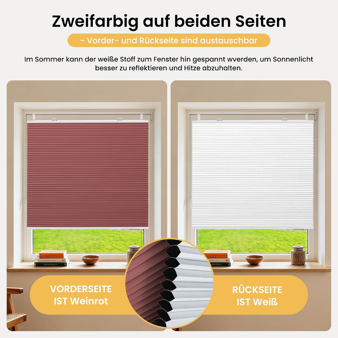 BelleMax Plissee Verdunklung Klemmfix Wabenplissee ohne Bohren Weinrot-Weiss 60x110cm(BxH), Thermo V