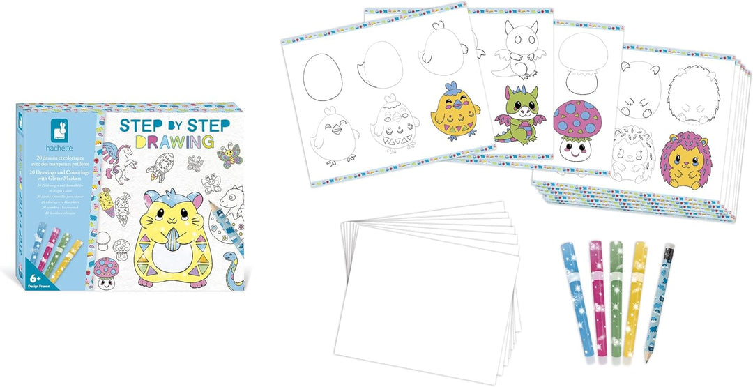 Janod - Step by Step Drawing - Zeichnen Lernen - 20 Modelle + Glitzerstifte - Lernspiel - Zeichnen u