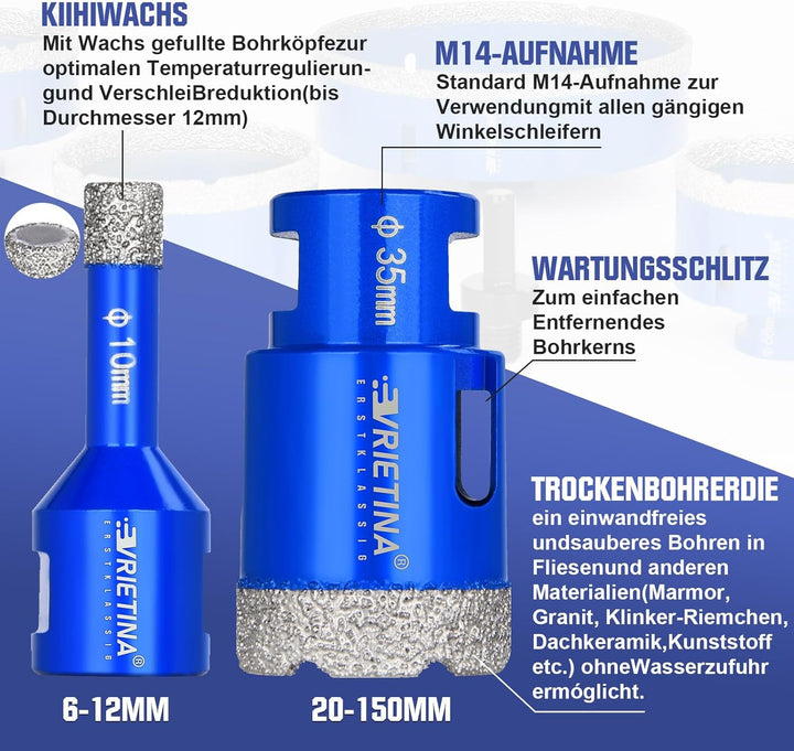 45mm Diamant Fliesenbohrer M14 Diamantbohrer Glasbohrer Nass- / Trocken Fliesenbohrkrone für Winkels