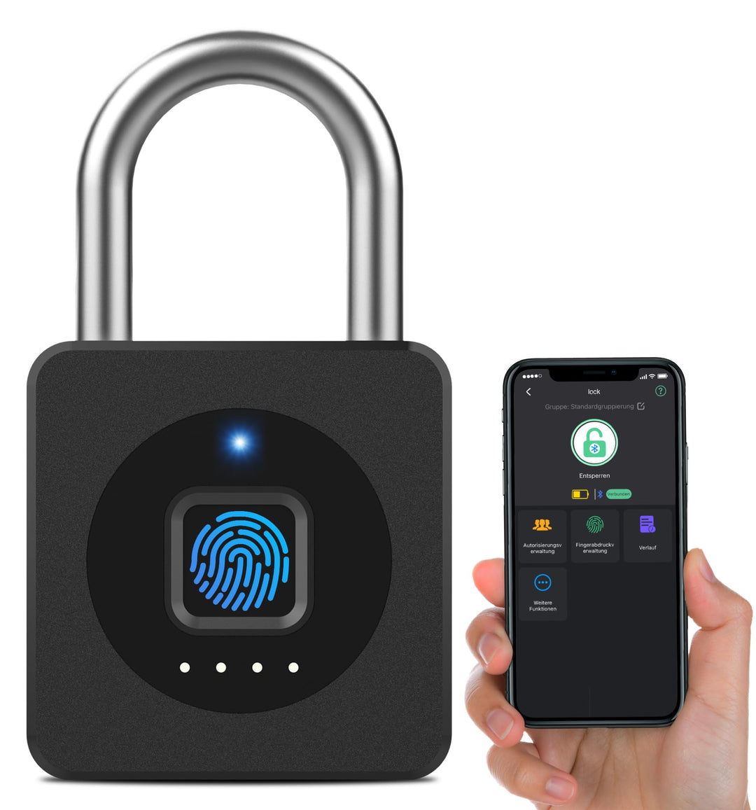 Smart Fingerabdruck Vorhängeschloss mit Bluetooth App – Elektronisches Kombischloss für Fitnessraum,