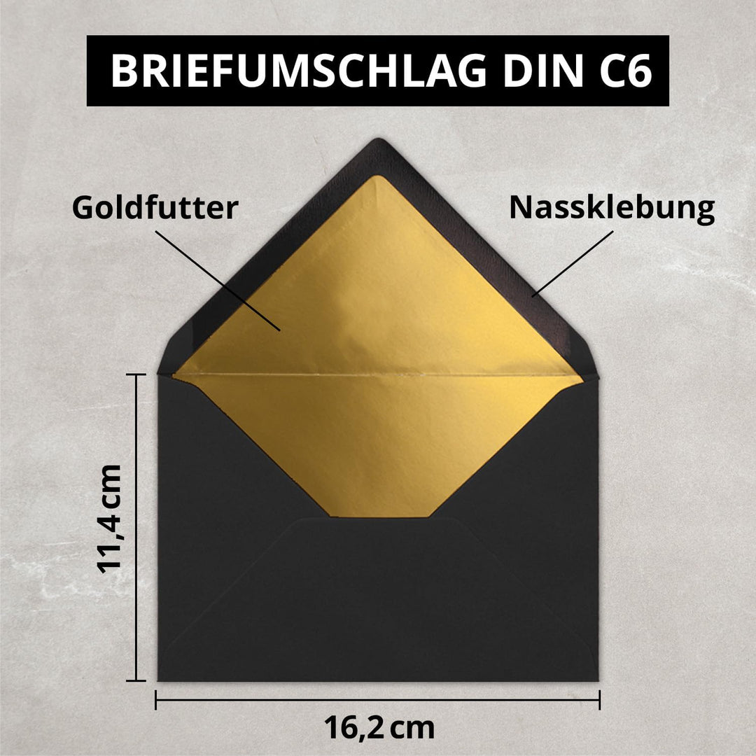 Kuverts in Schwarz - 50 Stück - Brief-Umschläge DIN C6-114 x 162 mm - 11,4 x 16,2 cm - Nassklebung -