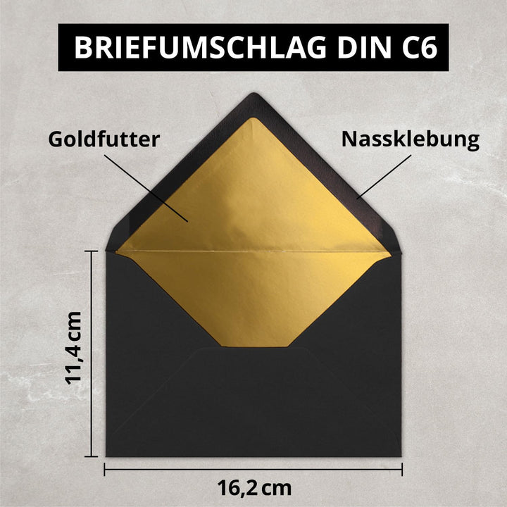 Kuverts in Schwarz - 50 Stück - Brief-Umschläge DIN C6-114 x 162 mm - 11,4 x 16,2 cm - Nassklebung -