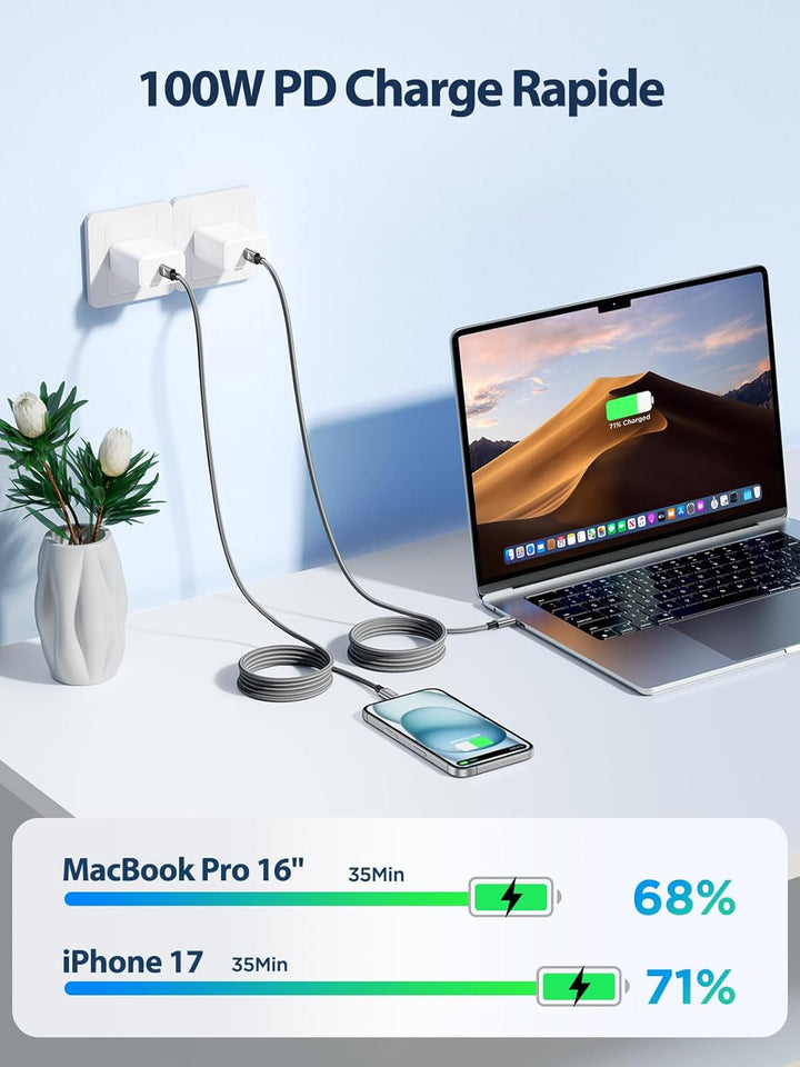 USB C auf USB C Kabel, [2 m/2 Stück] 100 W 5 A Schnellladekabel USB C Nylon geflochten für iPhone 17
