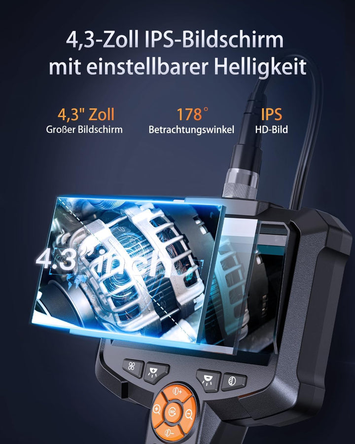 Endoskopkamera mit Licht, AOPICK 4.3" IPS Bildschirm Endoskop mit 10M Halbstarres Kabel, 8mm IP67 wa