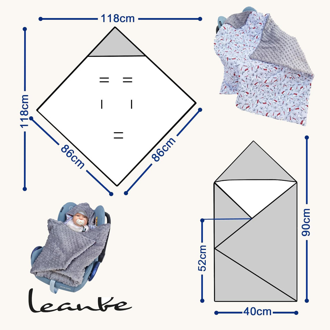 Baby Einschlagdecke Doppelseitig 86x86 cm Minky-Plüsch für Kinderwagen und Babybett (Grau Minky-Stör