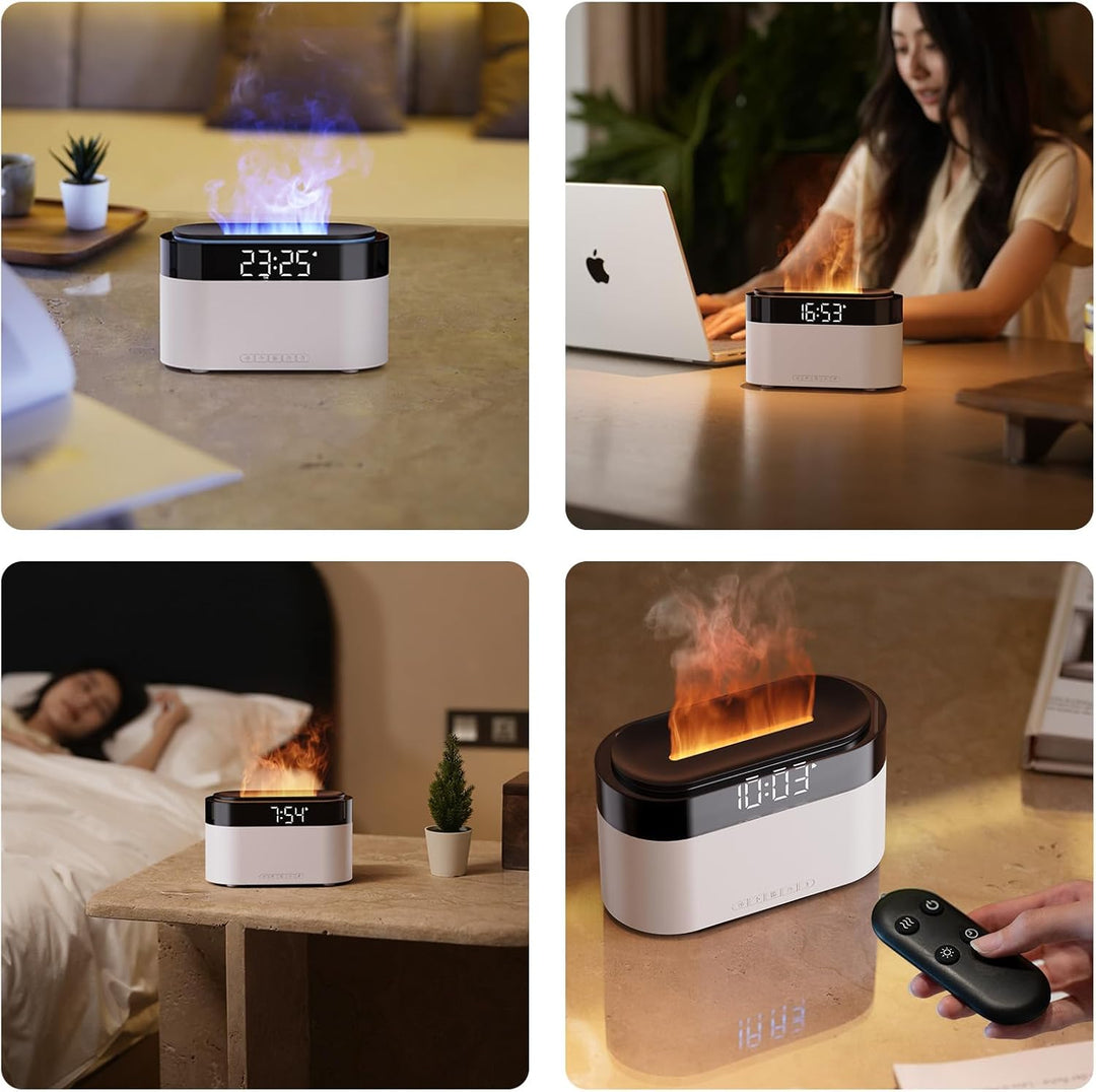 Flammen Aroma Diffuser mit Lichtwecker,Diffuser Ätherische Öle mit Fernbedienung,Wecker mit Licht,Lu