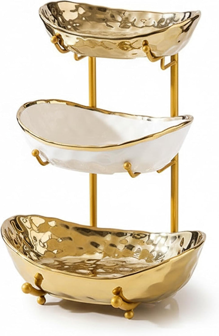 Simcat 3-Schicht Obstschale Keramik mit Metallgestell - Etagere Dekoschale für Küche/Wohnzimmer, Ser