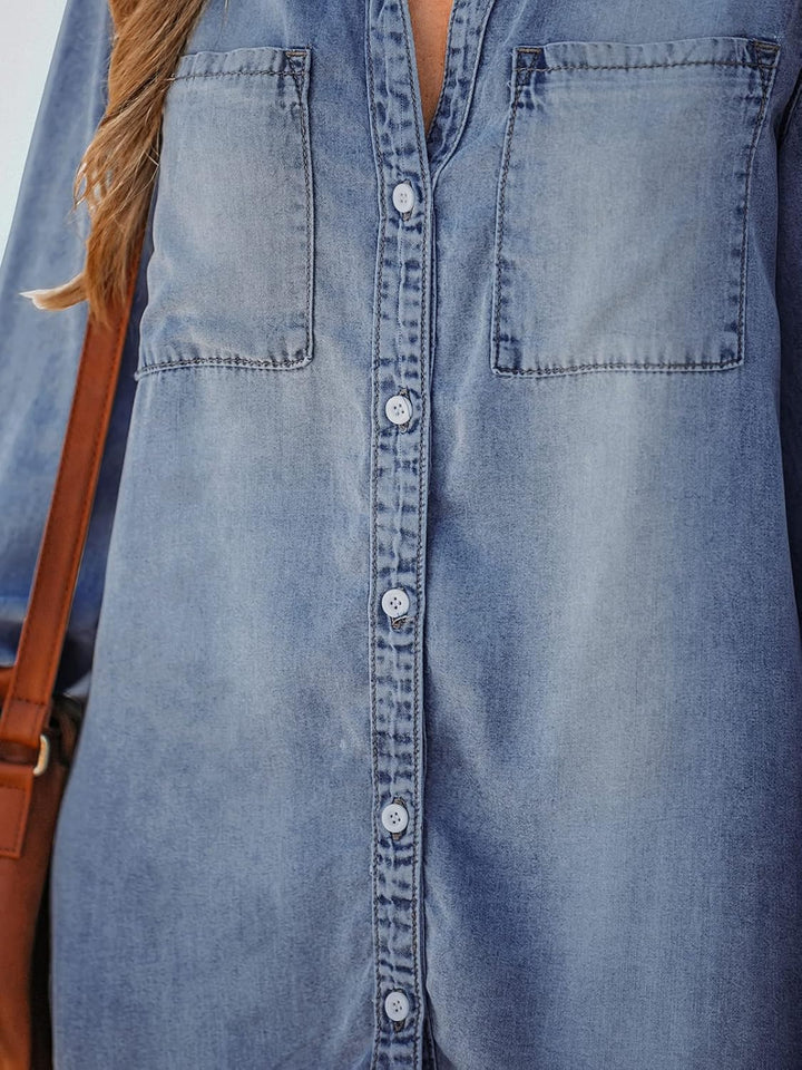 CUPSHE Damen Jeanshemd V Ausschnitt Knopfleiste Brusttaschen Asymmetrisch Jeansbluse Hemdblusen Deni