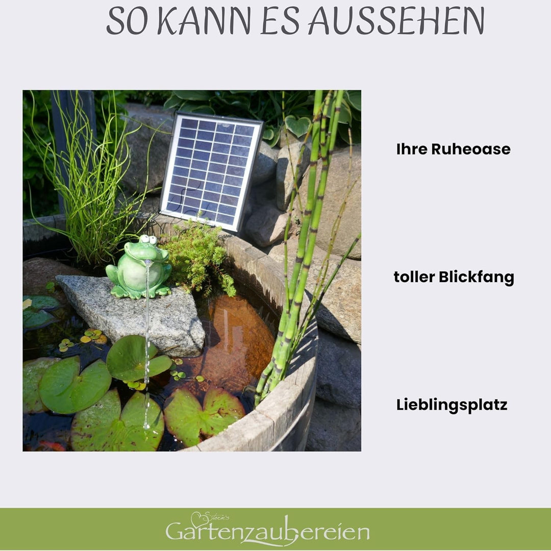 Storm's Gartenzaubereien Wasserspeier Frosch mit Akku Solarpumpe 12cm aus Keramik Laufzeit ohne Sonn
