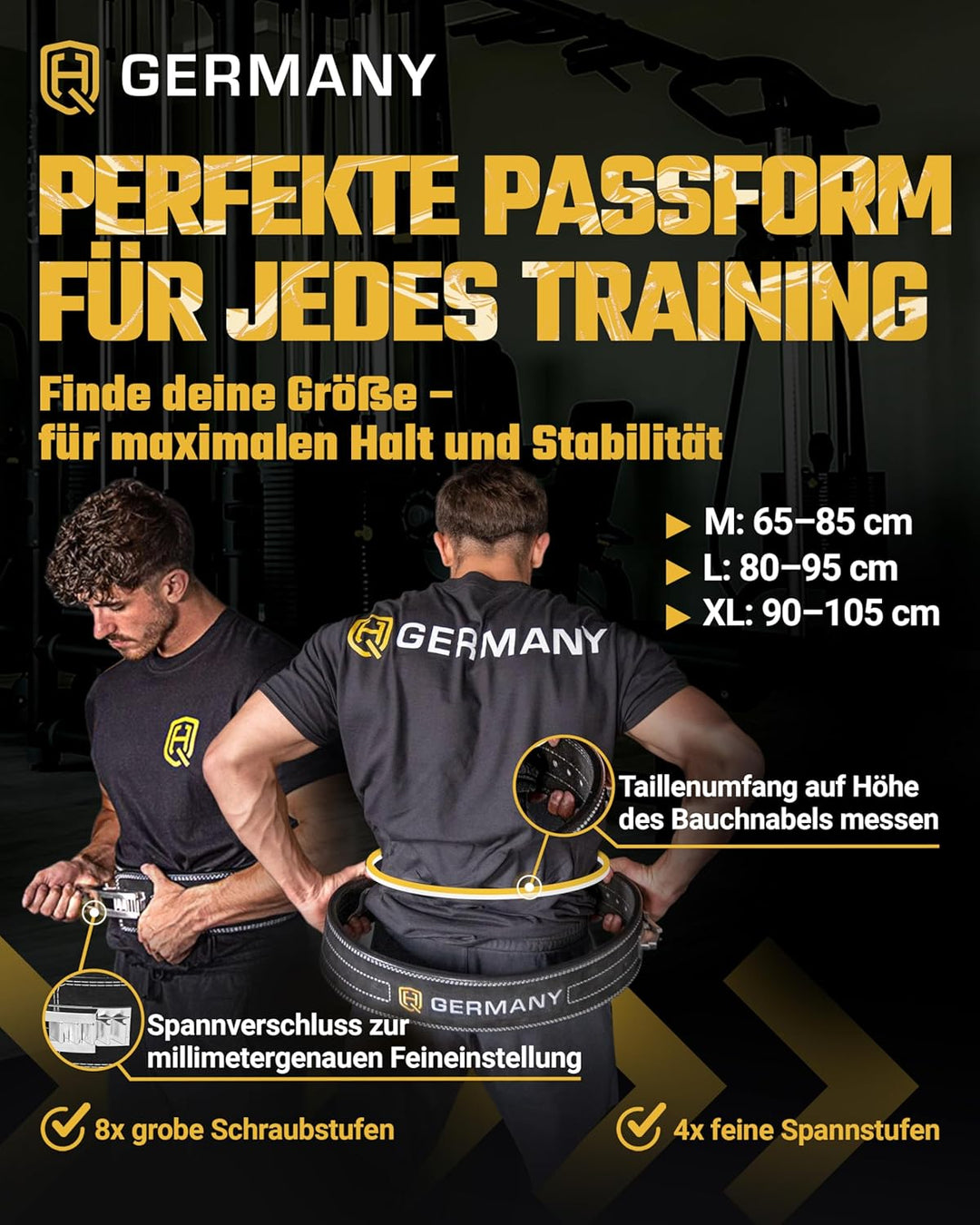 HQ Germany® Gewichthebergürtel [S/M/L/XL] - 100% Rindsleder, 100% Edelstahl - Weight Lifting Belt, G