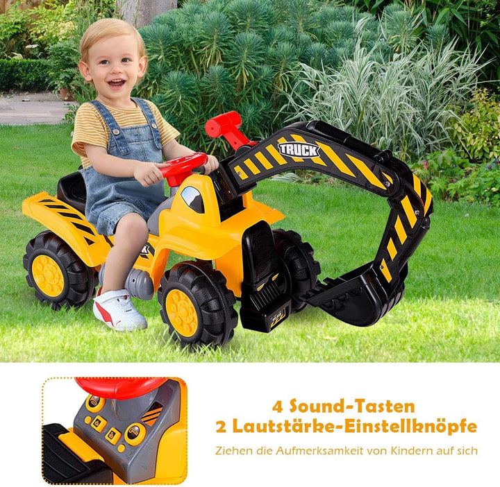FANTASK Sitzbagger mit eingebautem Ablagefach, Kinderbagger mit Horn, Sandbagger, Rutscher Bagger, S