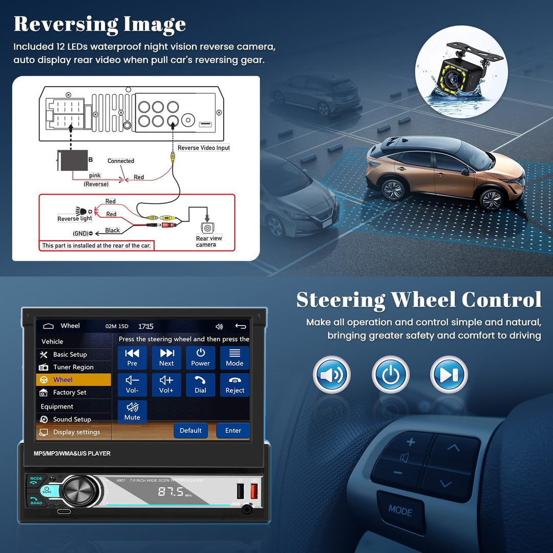 Hikity AM FM Autoradio 1 Din Wireless Carplay Android Auto, 7 Zoll Manuelle Ausfahrbarem Display Tou