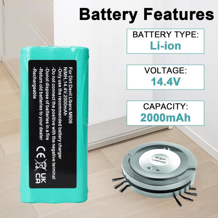 14,4 V 2000 mAh NiMH-Akku kompatibel mit Dirt Devil Libero M606/M610/M613/M607 Spider/M612 Spider, V