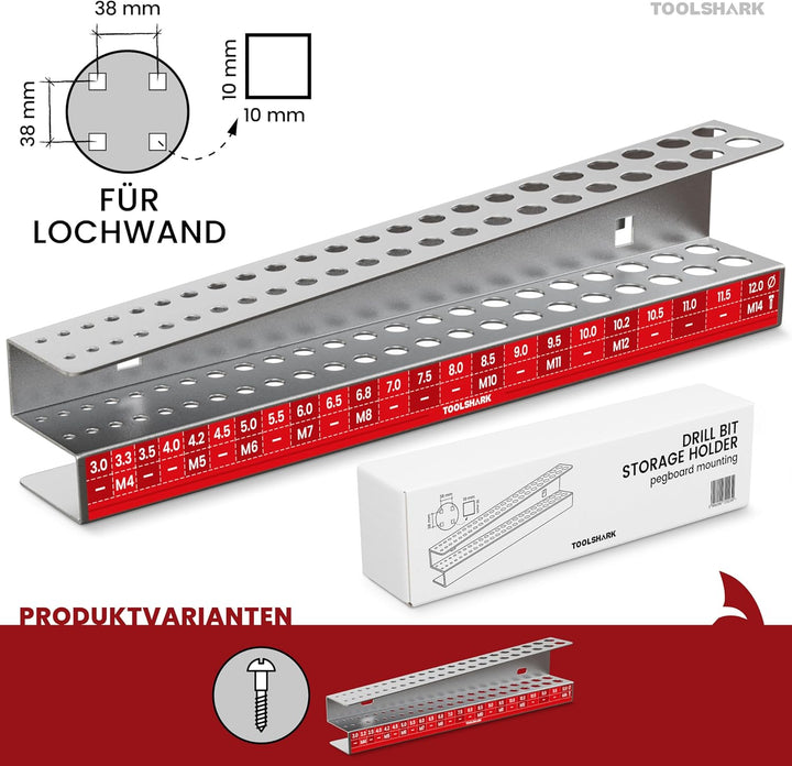 Bohrerhalter leer, aus Edelstahl rostfrei - Organizer für 46 Bohrer, für Lochwand mit Quadratlochung