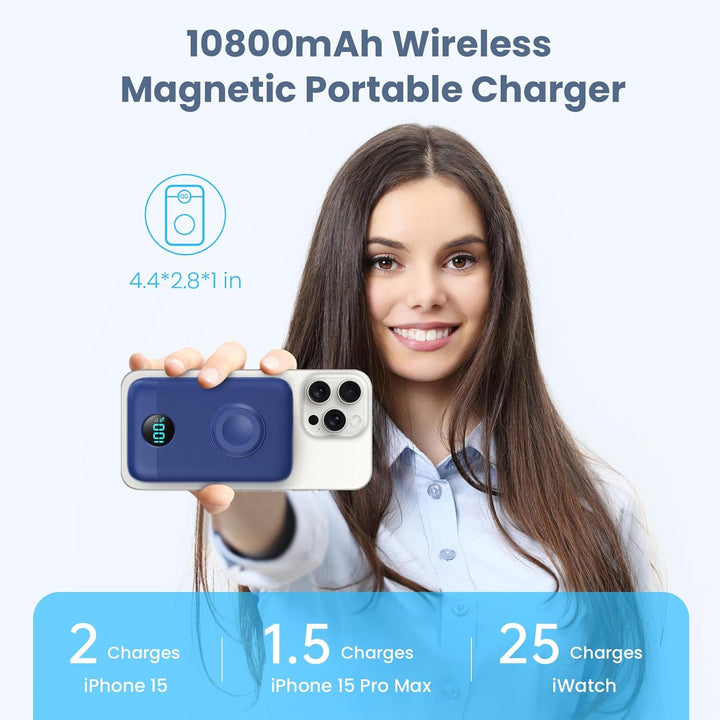 Magnetische Powerbank 10800mAh für MagSafe, 4-in-1 Wireless Power Bank mit i-Watch Ladegerät,QC4.0+P