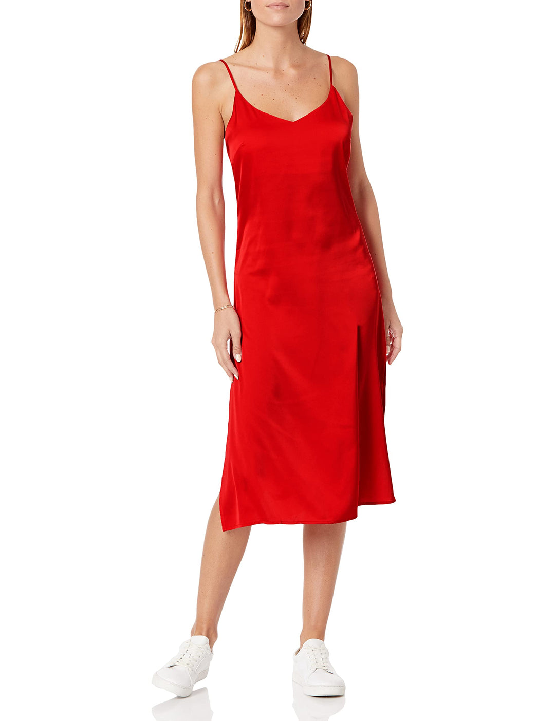 The Drop Damen Ana Silky Midi-Slip-Kleid mit V-Ausschnitt M Rot, M Rot