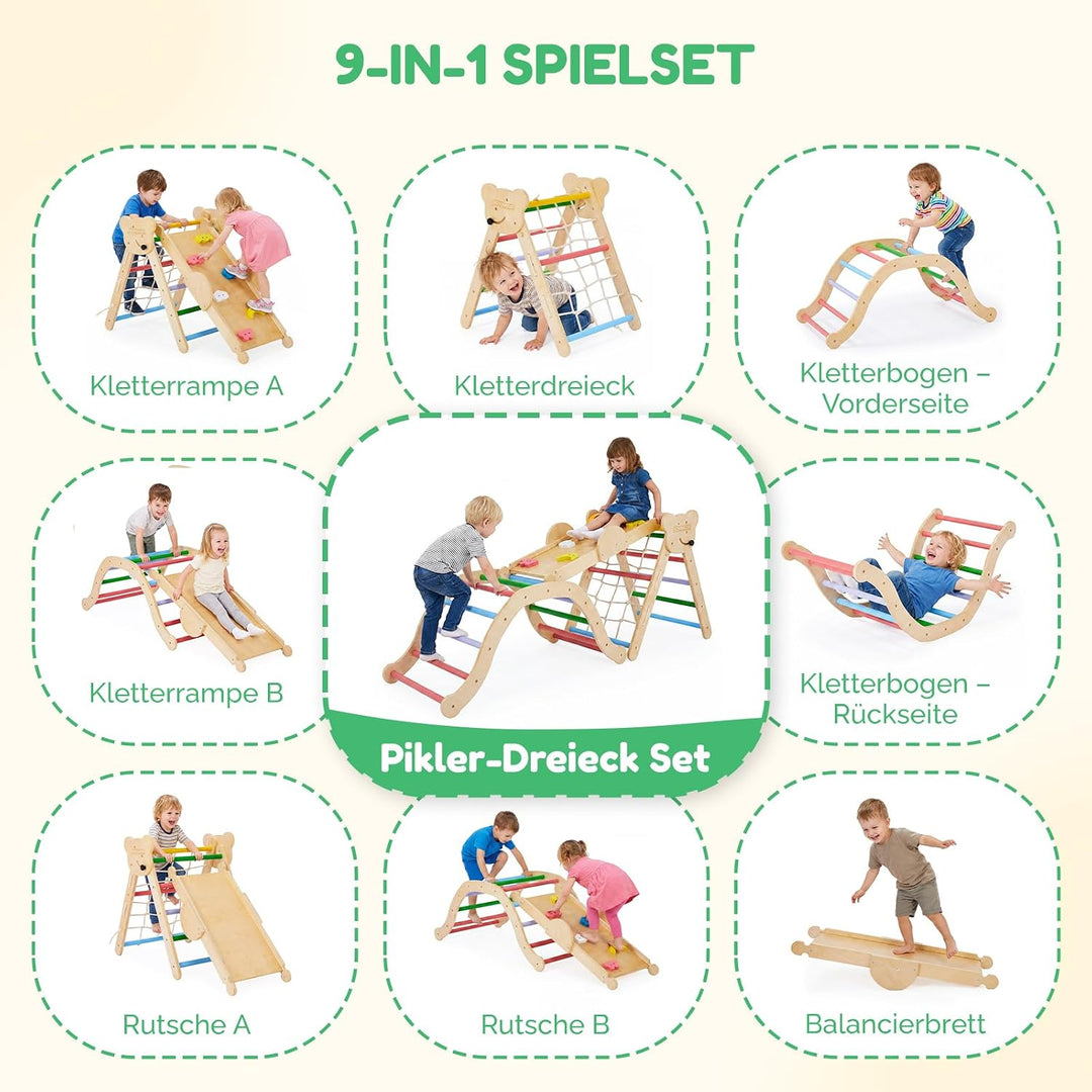 Bonnlo 9-in-1 Montessori Klettergerüst Indoor ab 1 Jahr, Kletterdreieck mit Rutsche, Kinderkletterge
