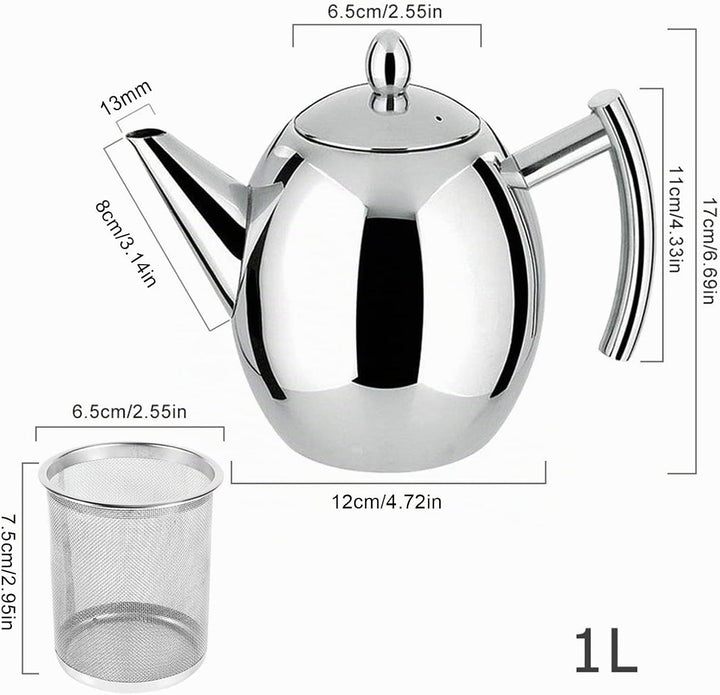 1L Edelstahl Teekanne Silber, Teekanne mit Aufguss für losen Tee Kaffeekanne Teekessel für Herdplatt