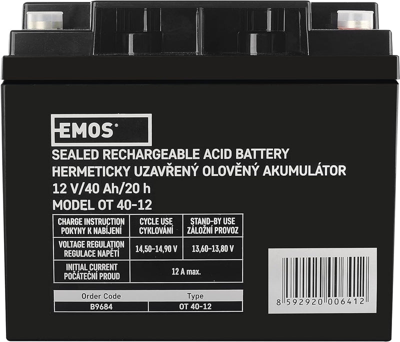 EMOS Wartungsfreier Bleiakku/Bleiakkumulator für Fischer, Notbeleuchtung, USV, 12V, 40Ah