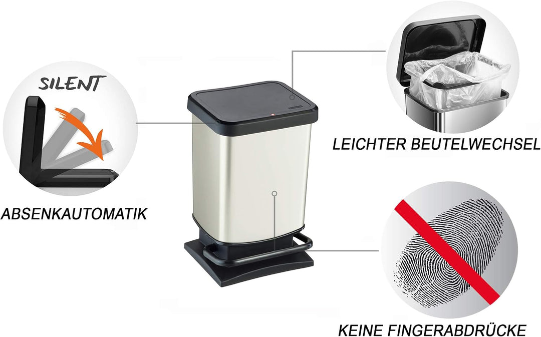 Rotho Paso Mülleimer 20l mit Pedal und Deckel, Kunststoff (PP) BPA-frei, weiss metallic, 20l (29,3 x