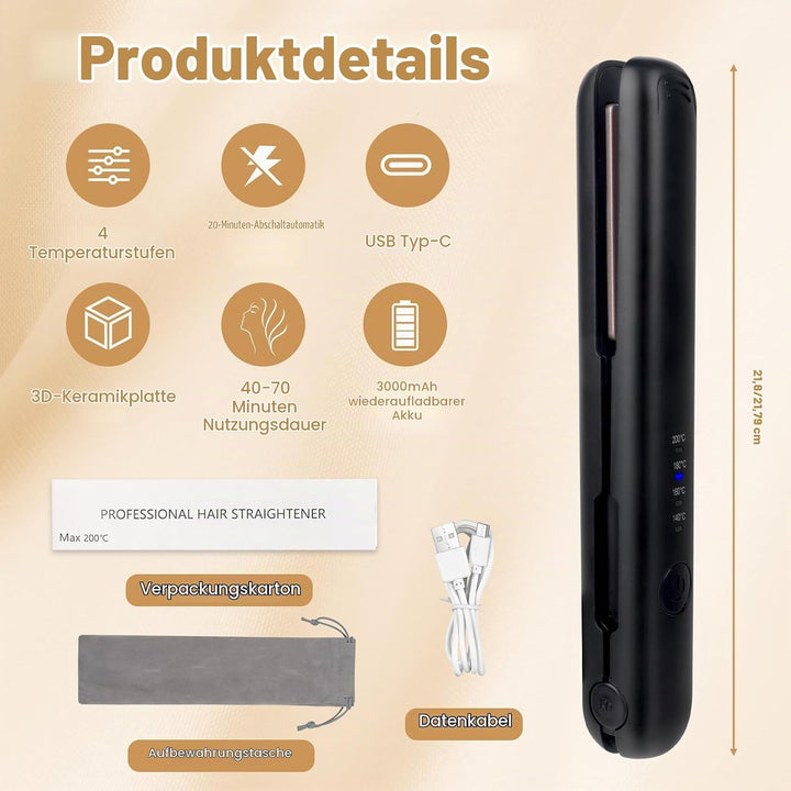 Mini Glätteisen Kabellos, 2 in 1 Haarglätter Glätteisen, Kabelloses glätteisen mit 4 Temperaturen, g