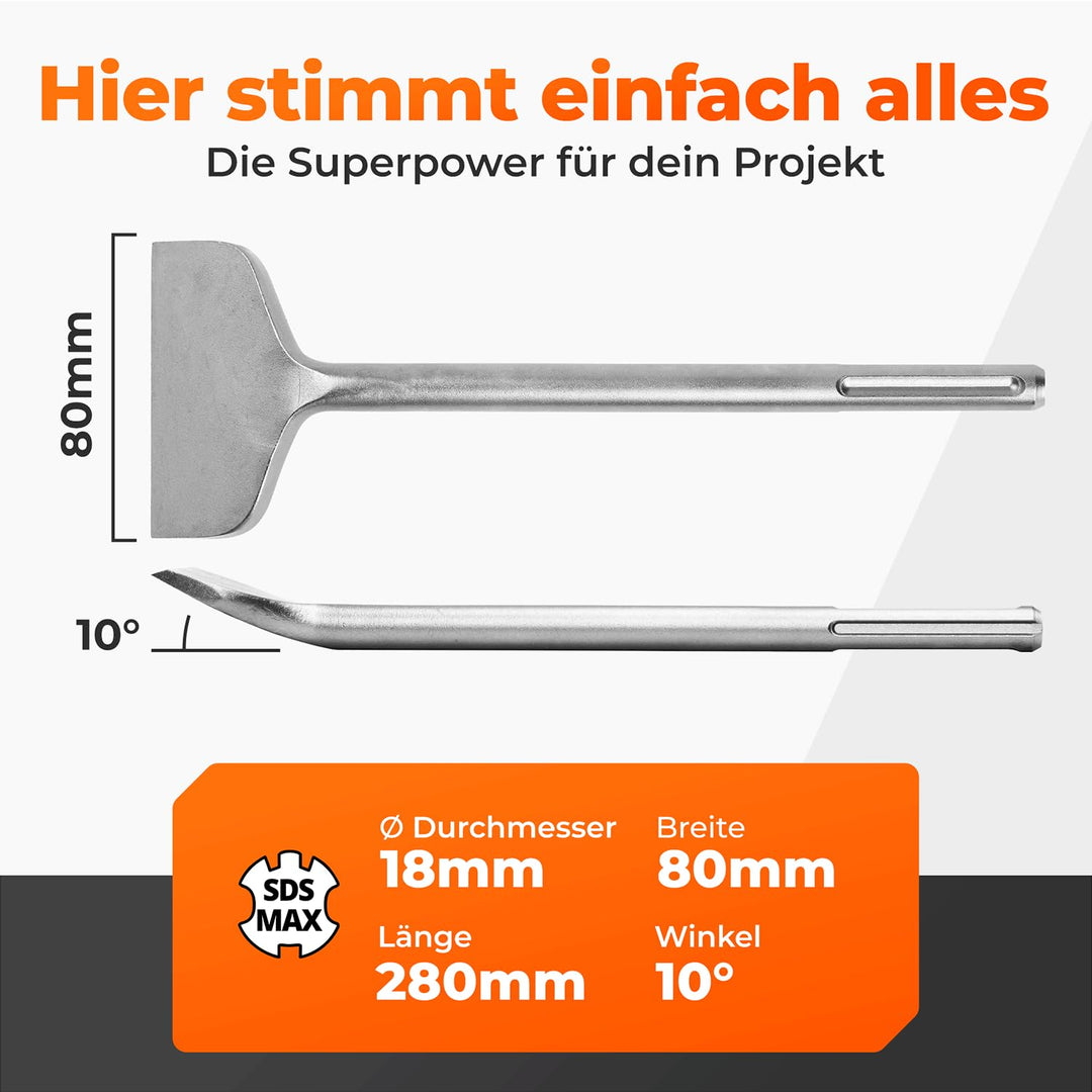 BAUBECK Robuste Fliesenmeissel SDS Max - schnelles Lösen von Putz & Kleberesten [10° abgewinkelt], h
